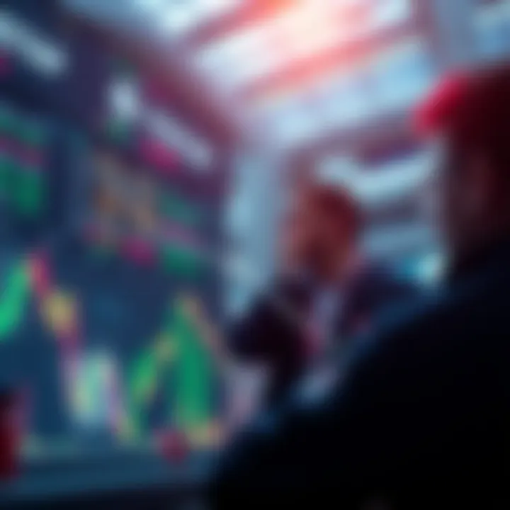 Market Chart Decline A downward trend line on a financial chart, indicating lack of movement in market activity, with traders looking concerned.