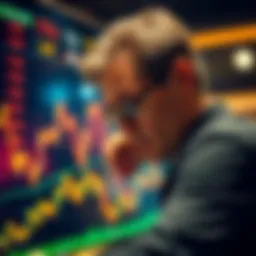 Market Concern A worried investor looks at a stock market graph showing a downward trend, symbolizing recent financial anxiety over a drop to 77k.