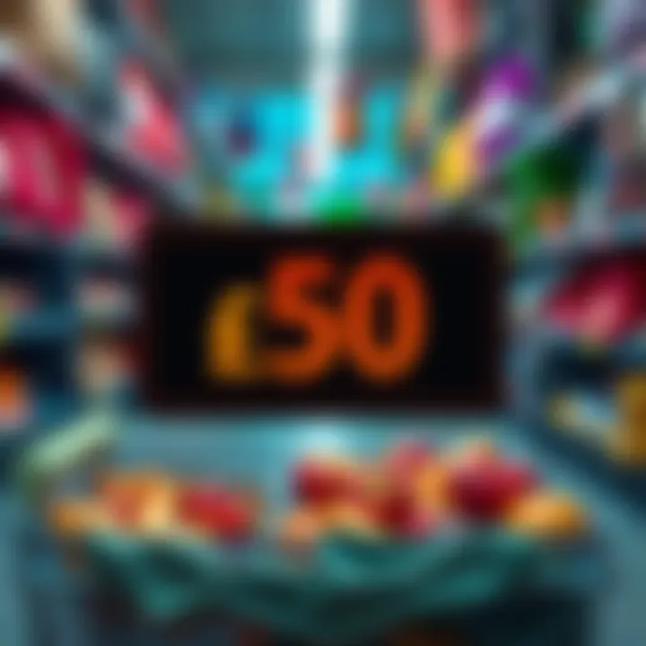 A visual representation of a €50 market credit with shopping items in the background, showing how the credit can be used for purchases.