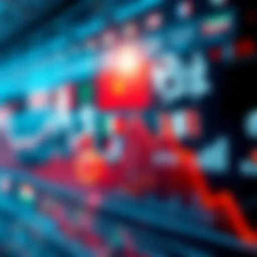 A graph showing a downward trend in market prices, with sports icons and flags representing various international events in the background.