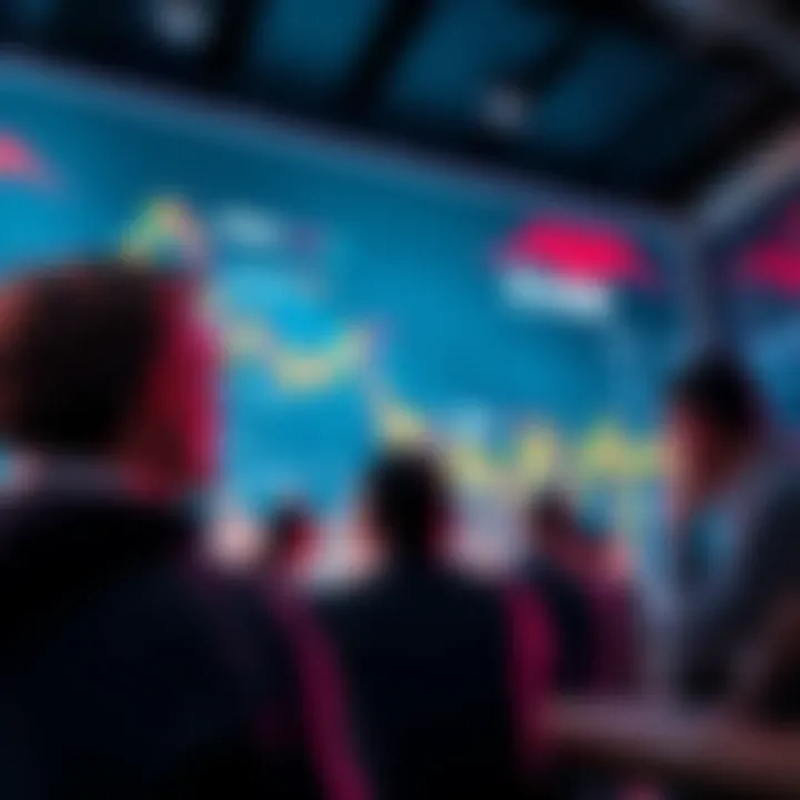 Market Downturn A graph showing a downward trend in the stock market with worried investors looking on.