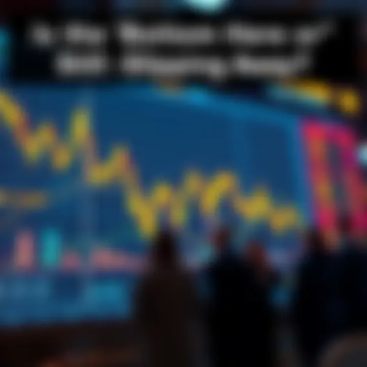 A graph showing a downward trend in stock prices with worried investors observing it.