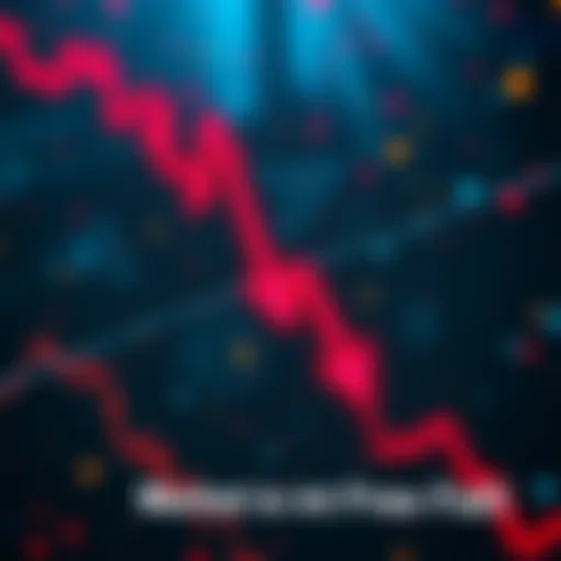 A stock market graph showing a sharp decline with downward arrows and red indicators, symbolizing a market crash.