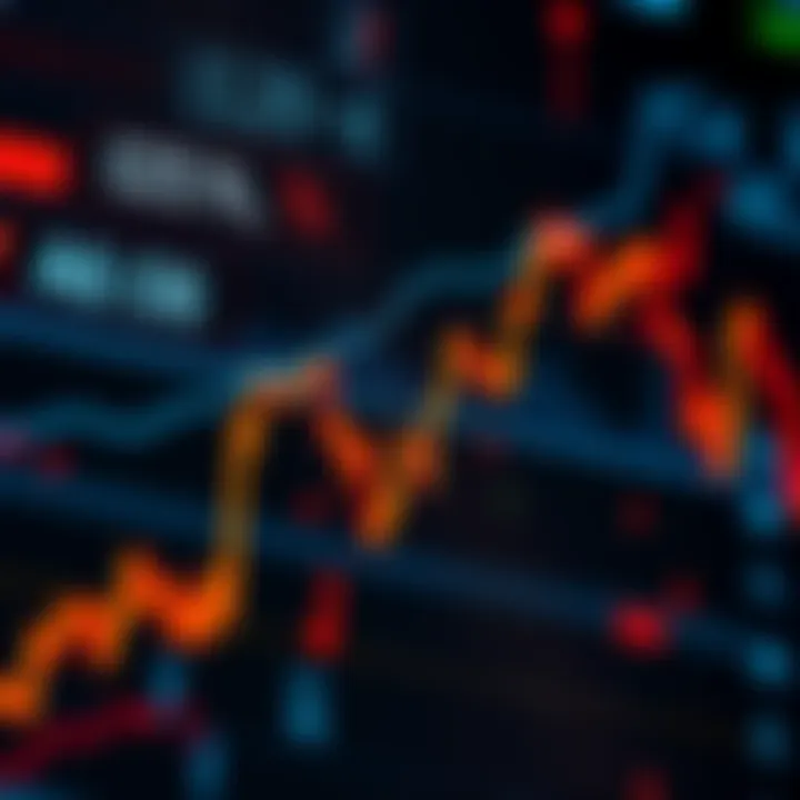 A stock market graph showing a downward trend with falling prices