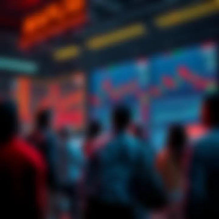 A group of people looking at charts and screens showing rising and falling market trends, expressing concern and curiosity about future prices.