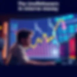A graph showing sharp rises and drops in cryptocurrency prices, with a worried person looking at the screen and another person celebrating near a computer.