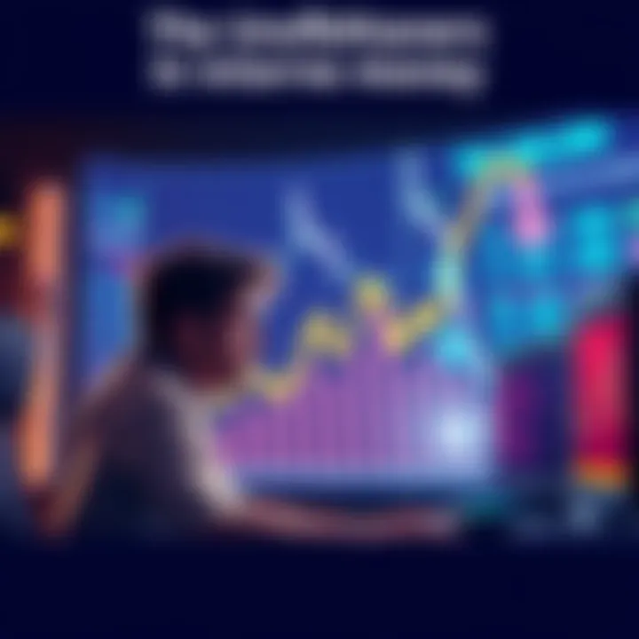 A graph showing sharp rises and drops in cryptocurrency prices, with a worried person looking at the screen and another person celebrating near a computer.