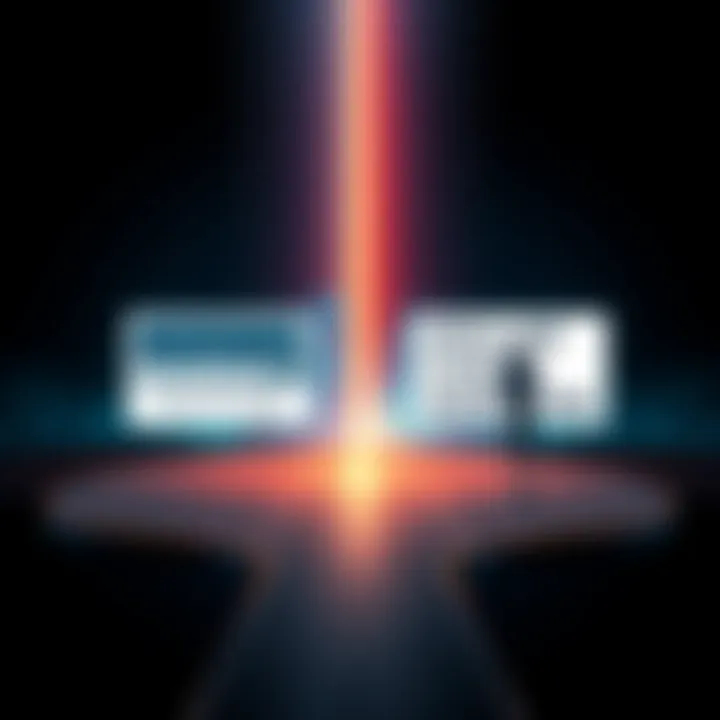 A split image showing two paths: one labeled 'Market Timing' with a person looking at stock charts, and the other labeled 'Dollar Cost Averaging' with a person regularly investing in small amounts, sy...