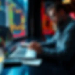 A person looking at financial charts on a laptop, contemplating investment options, with a calculator and notepad nearby.