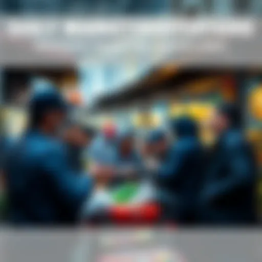 A group of people engaged in a lively negotiation at a market stall, discussing products and prices.