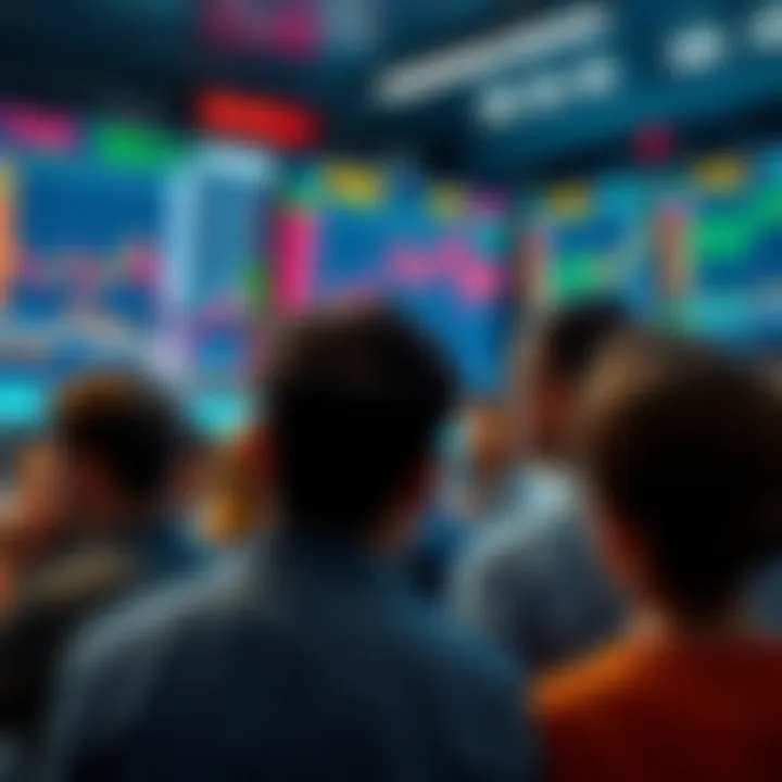 A group of anxious people looking at stock market graphs on screens, showing signs of buying activity as the market reaches a bottom.