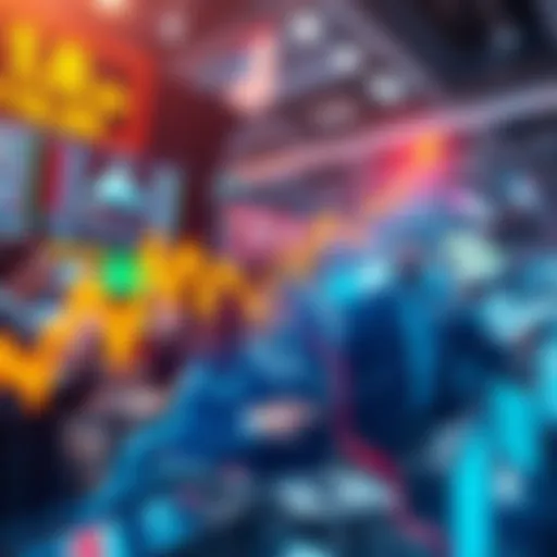 A graph showing a sharp upward trend in market prices, with excited traders in the background.