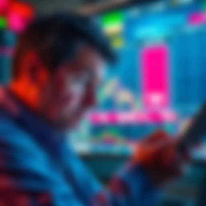 A worried investor analyzes stock market charts while news headlines about Trump's negotiations with Iran are displayed in the background.