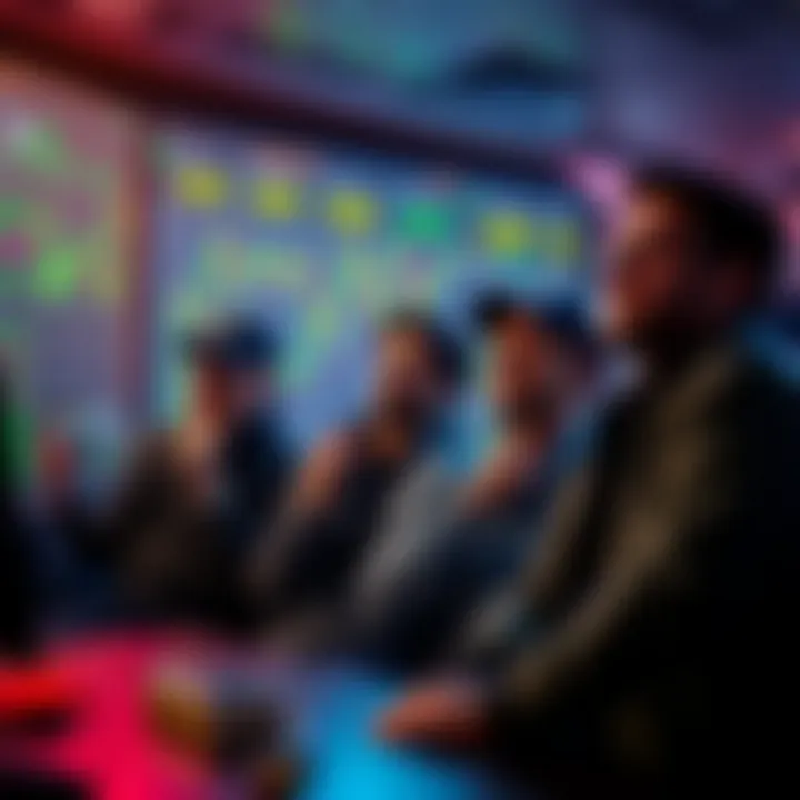 Market Recovery with HODLers A group of confident investors watching the market charts, optimistic about a recovery after a significant drop, with excitement for prices to rise above one dollar.