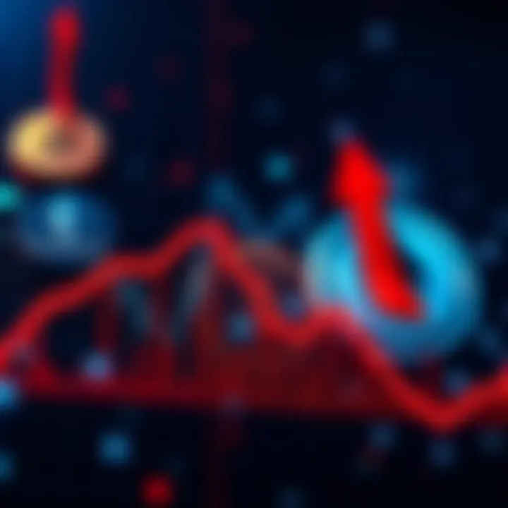 A graph showing a downward trend in market values with large red arrows, indicating panic selling. In the background, images of Bitcoin and Ethereum symbols are present, signifying asset stability ami...