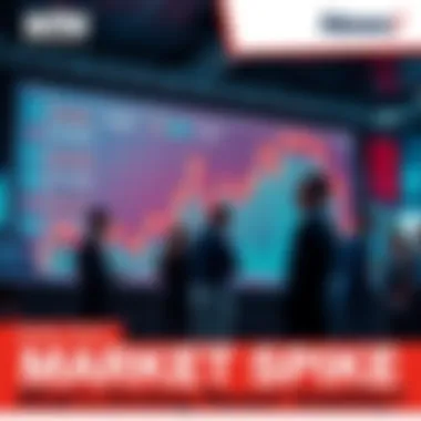 A graph showing a sudden increase in stock prices on a digital screen with people discussing around it.