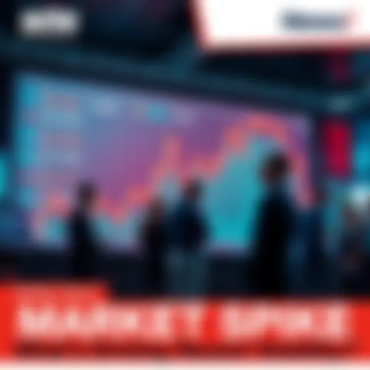 A graph showing a sudden increase in stock prices on a digital screen with people discussing around it.