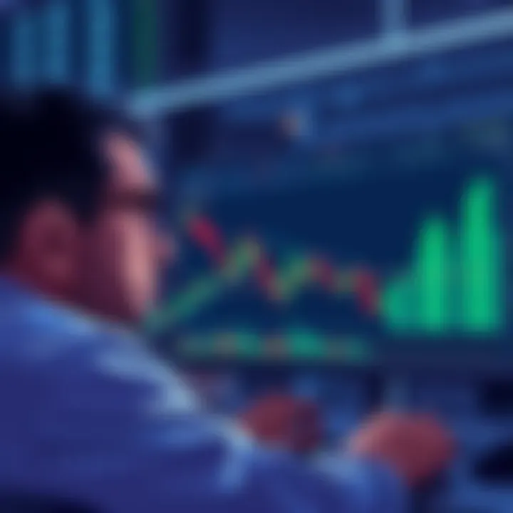 A trader looking anxious at their computer screen, showing stagnant cryptocurrency prices, with a declining graph in the background.