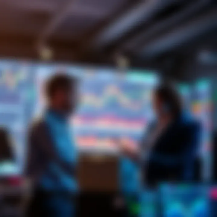 Analysts discussing market trends with charts and graphs on a digital screen