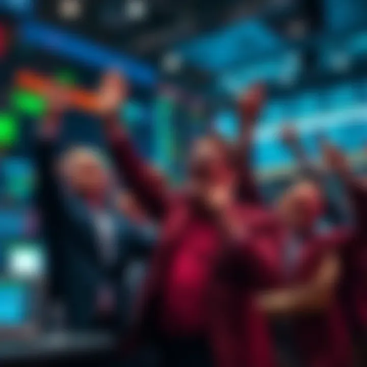 Traders celebrating a market rise with excitement as short positions are liquidated.