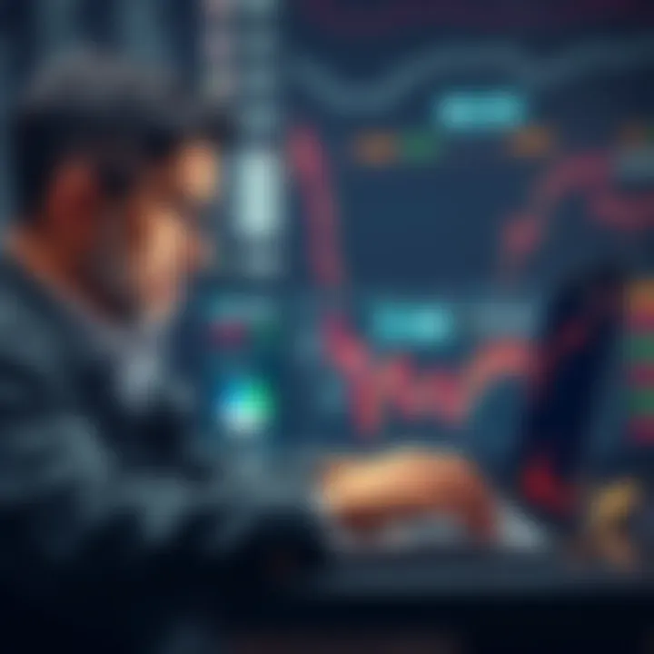 An investor looking worried while checking a fluctuating Bitcoin graph on a laptop.