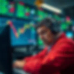 A trader looking stressed in front of a computer screen showing fluctuating stock prices, with red and green graphs indicating market ups and downs.