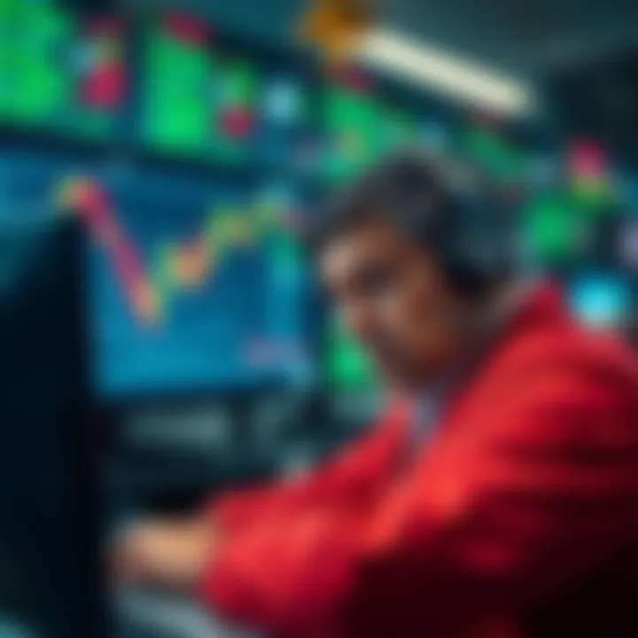 A trader looking stressed in front of a computer screen showing fluctuating stock prices, with red and green graphs indicating market ups and downs.