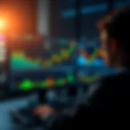 A person analyzing stock market charts on a computer screen, showing upward and downward trends in graphs