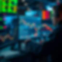 A trader analyzing charts and indicators on a computer screen in a financial setting, representing technical analysis and market psychology.