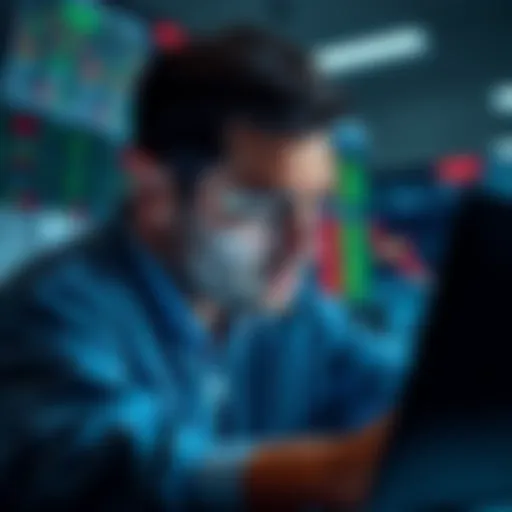 A trader looking at a chart with declining market lines, showing a frustrated expression as they reflect on missed opportunities, surrounded by financial news articles and charts.