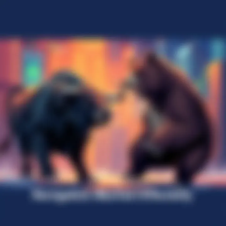 An illustration showing a bull and a bear in a financial market setting, symbolizing the competition between rising and falling stock prices.