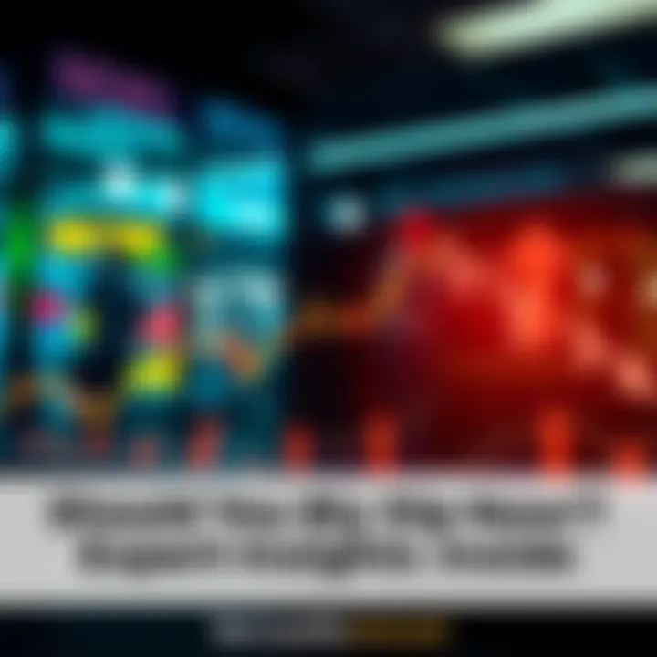 A graph showing a downward trend in market prices with arrows indicating potential buying opportunities. Experts discussing investment strategies in the background.