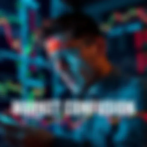 A stressed investor looking at stock charts with mixed emotions, representing fear and uncertainty in the market