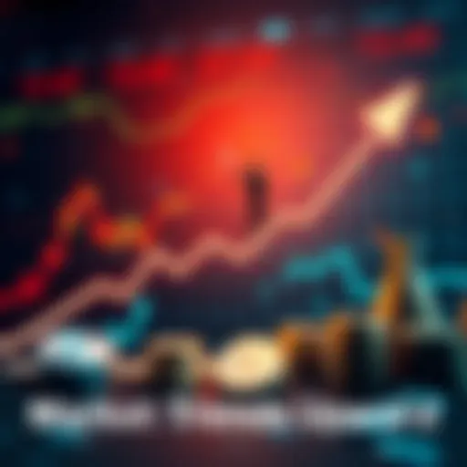 Graph showing a sharp increase in market trends with arrows pointing up and investment symbols around