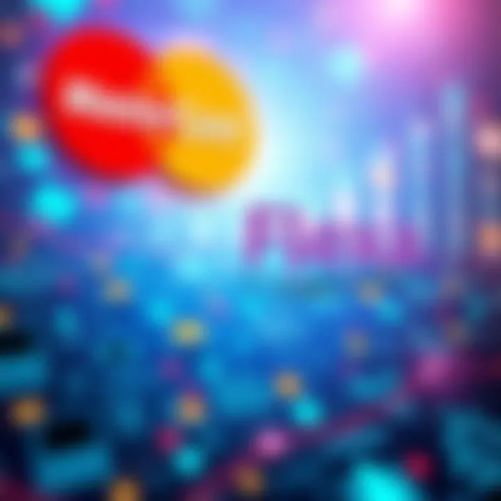 Illustration of Mastercard logo alongside Flexa logo with digital payment icons in the background