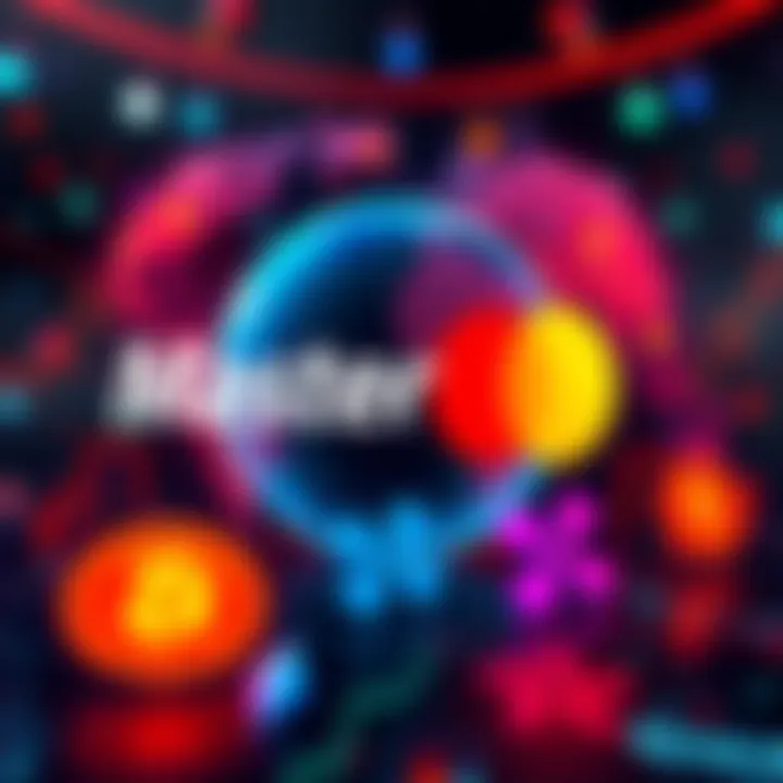 Mastercard logo with symbols representing cryptocurrencies like Bitcoin and Ethereum, showcasing partnerships with Binance and Ripple.