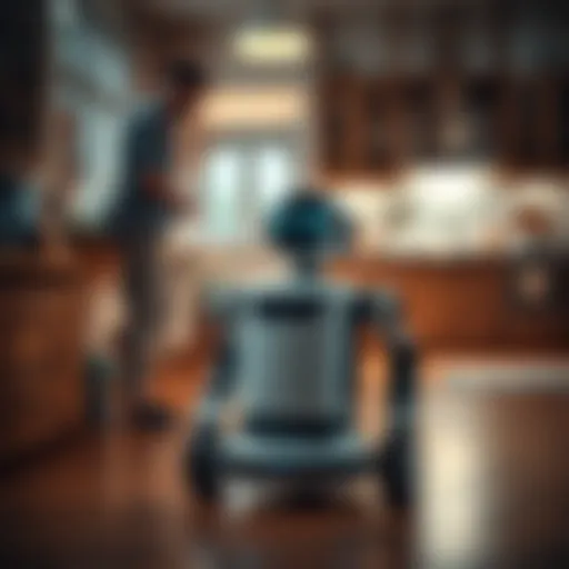 A Matic robot on a kitchen floor, with a person observing it, discussing its performance and reliability.