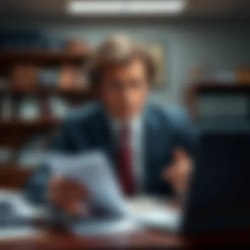 A concerned mayor examining a list of badge credits in their office, with papers and a laptop on the desk.