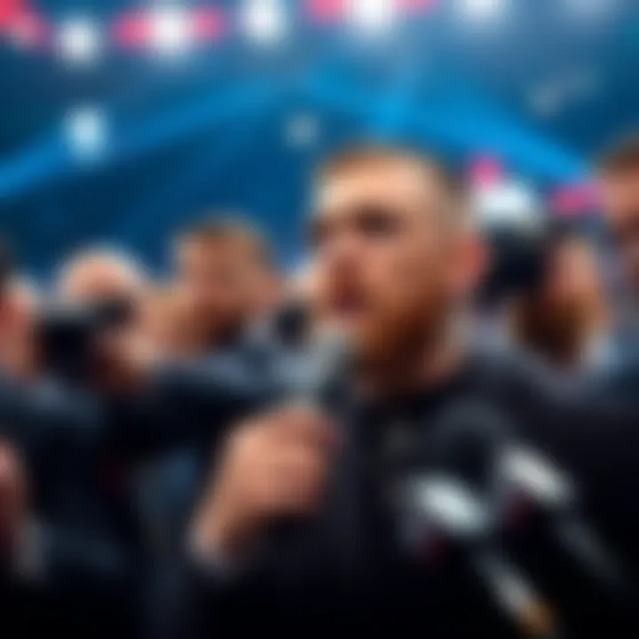 Conor McGregor making a statement about Khabib Nurmagomedov and NFT sales in front of reporters