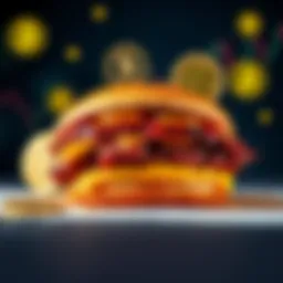 A delicious McRib sandwich alongside Bitcoin symbols and graphics, illustrating the quirky link between fast food love and cryptocurrency trading.
