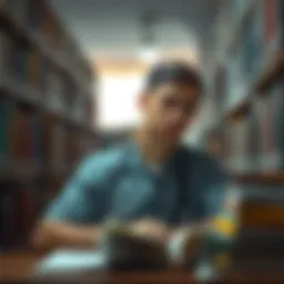 A 25-year-old medical student looks concerned while studying in a library, surrounded by textbooks on medicine and non-clinical subjects.