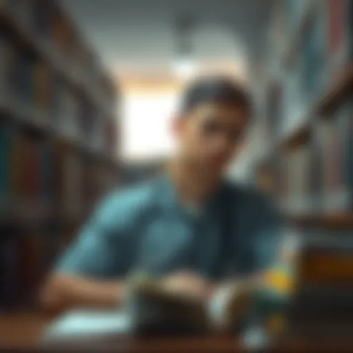 A 25-year-old medical student looks concerned while studying in a library, surrounded by textbooks on medicine and non-clinical subjects.
