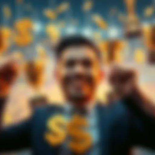 A person celebrating their achievements in the 800+$ club with a big smile, surrounded by success symbols like trophies and dollar signs.