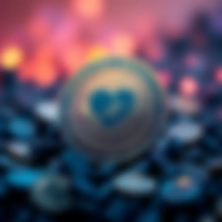 A visual representation of a meme coin with a heart symbol, showing money being donated to charity.
