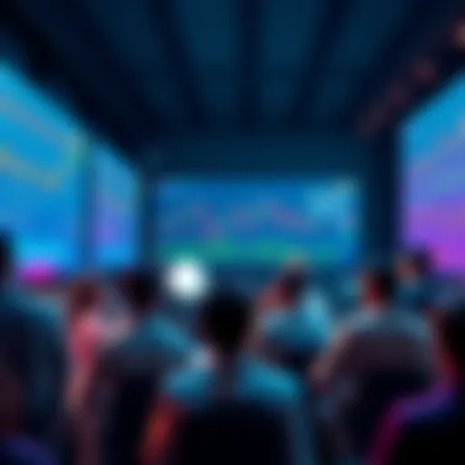 A group of people discussing meme coins, with charts and graphs on screens, showing market volatility and trends.