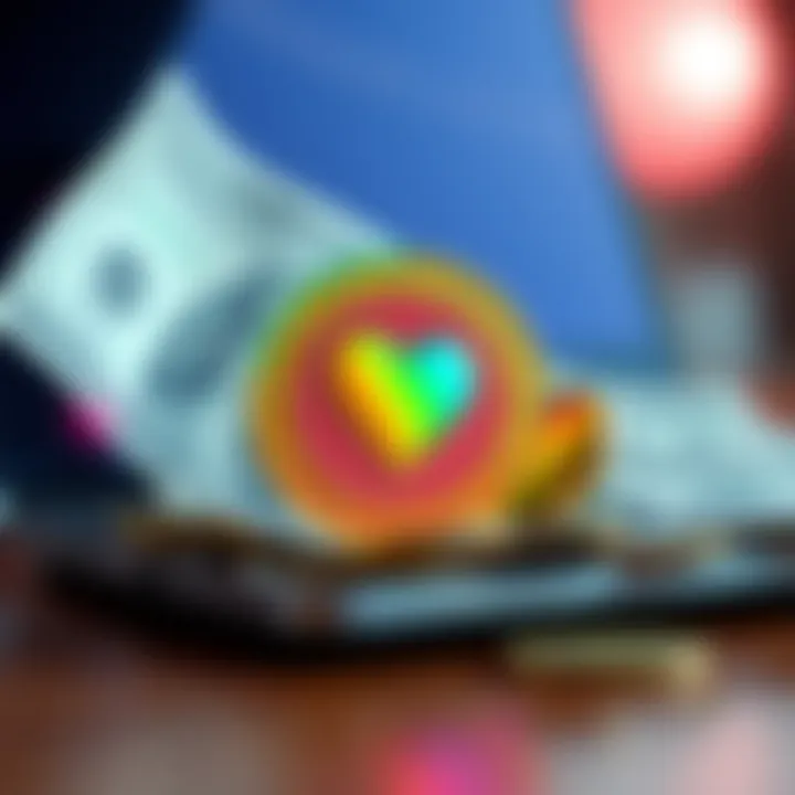 A colorful meme coin with a heart symbol representing charity, placed on a laptop and surrounded by dollar bills.