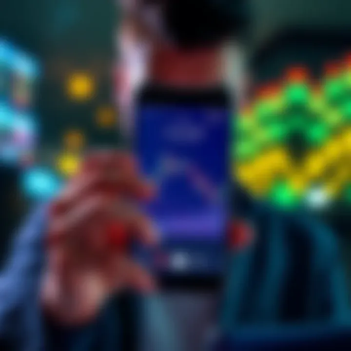 A person holding a smartphone displaying meme coins graphs while showing excitement and frustration, reflecting the emotional ups and downs of investing.