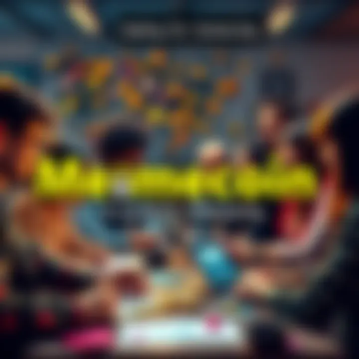 A group of diverse people brainstorming and laughing while working on memecoin projects, surrounded by colorful coins and creative materials.