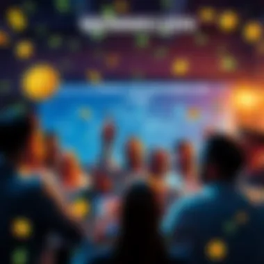 Memecoin Earnings Celebration A group of people excitedly discussing their memecoin trading successes, with charts and graphs in the background showing profits, and money symbols floating around.