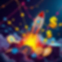 Colorful graphic showing popular memecoins with rocket and dollar signs